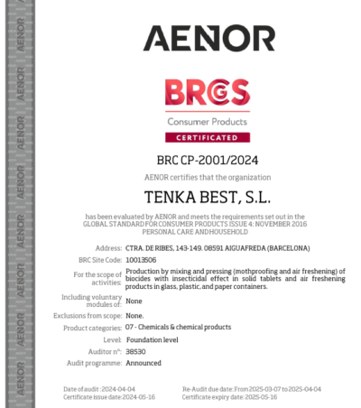 Tenka Best obtiene la Certificación BRC
